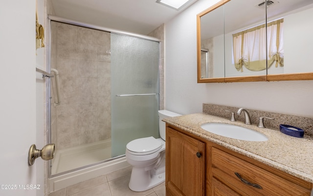 bathroom with toilet, a stall shower, tile patterned flooring, and visible vents