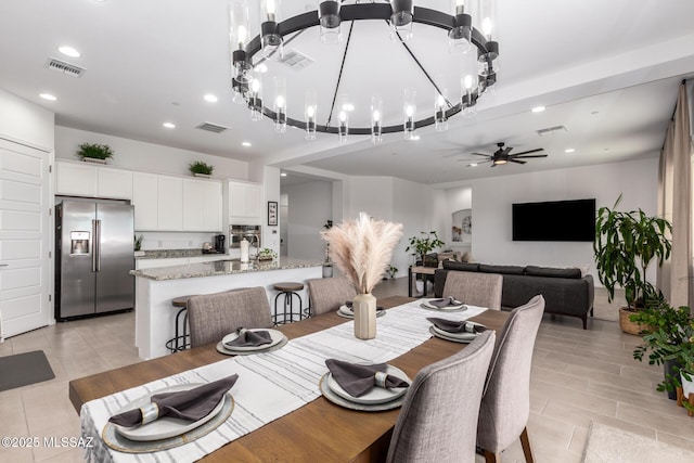 dining room with visible vents, a ceiling fan, and recessed lighting