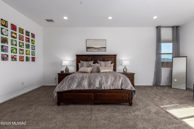 carpeted bedroom featuring recessed lighting, visible vents, and baseboards