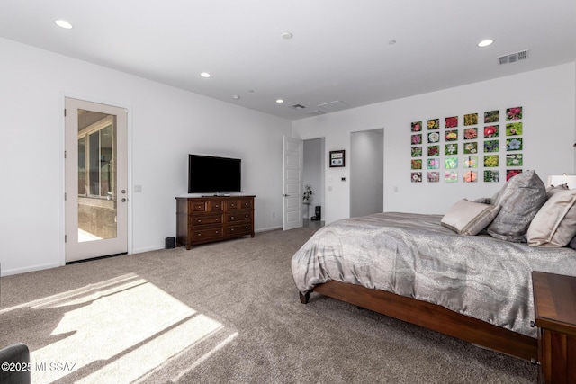 bedroom featuring visible vents, carpet flooring, and recessed lighting