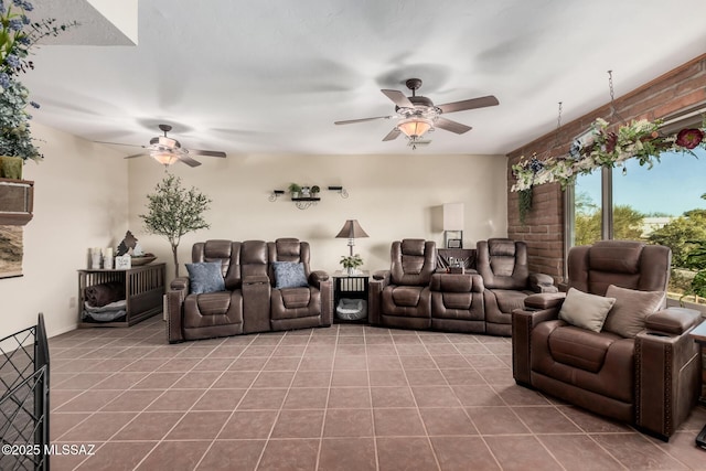 home theater with light tile patterned floors and a ceiling fan