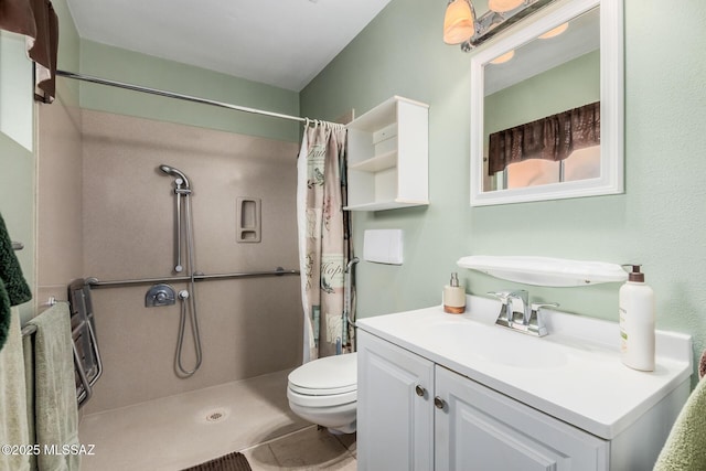 full bath with toilet, a shower stall, and vanity