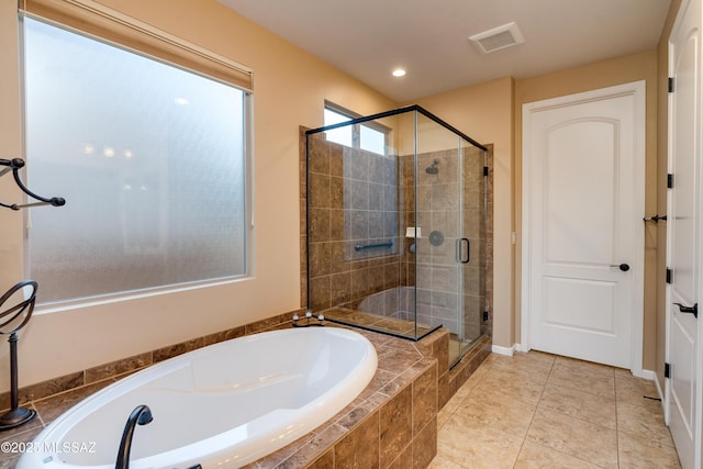 bathroom with a garden tub, recessed lighting, visible vents, a stall shower, and tile patterned floors