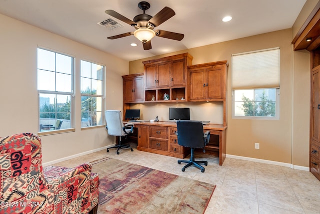 home office featuring a ceiling fan, recessed lighting, visible vents, and baseboards