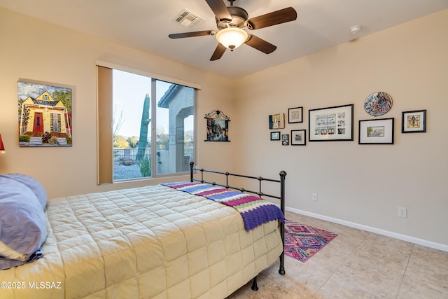 tiled bedroom featuring a ceiling fan, visible vents, and baseboards