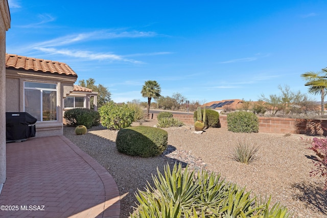 view of yard with fence and a patio