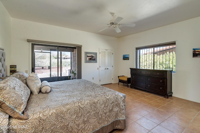 bedroom with a ceiling fan, access to outside, and light tile patterned floors