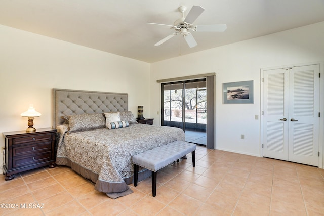 bedroom featuring access to outside, ceiling fan, and light tile patterned flooring