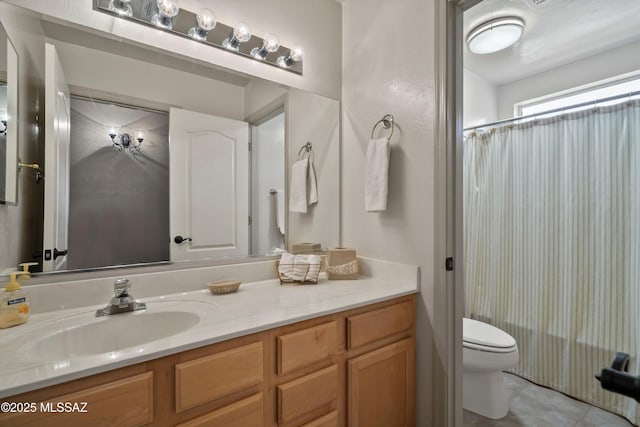 full bath with toilet, shower / bathtub combination with curtain, and vanity