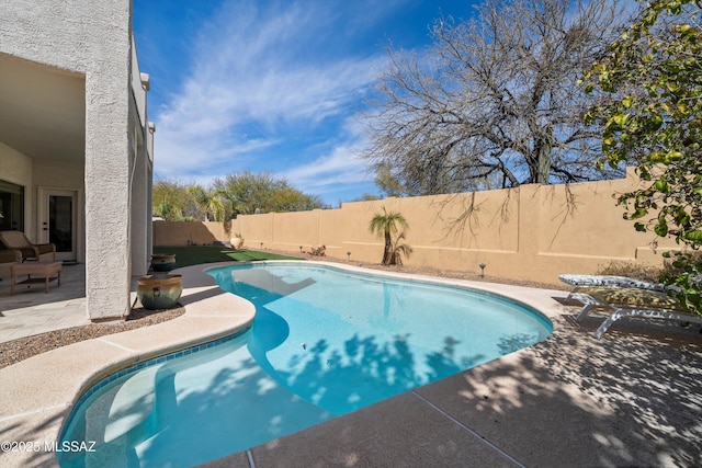 view of pool featuring a fenced in pool, a fenced backyard, and a patio