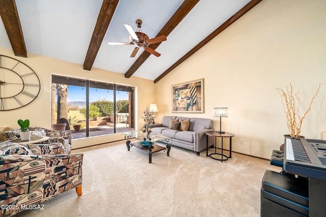 carpeted living area with a ceiling fan, baseboards, high vaulted ceiling, and beamed ceiling