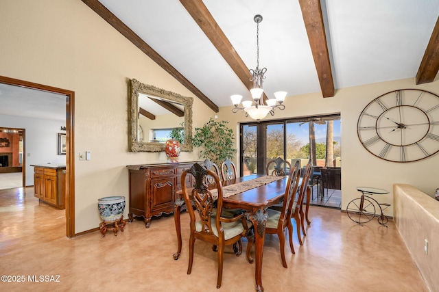 dining space featuring lofted ceiling with beams, a fireplace with raised hearth, baseboards, an inviting chandelier, and finished concrete floors