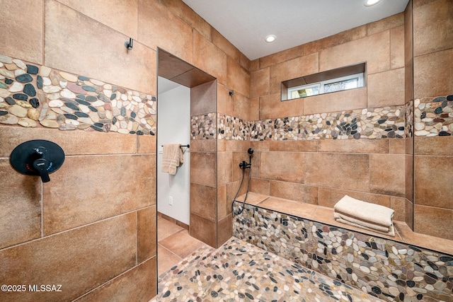 full bath with a walk in shower and recessed lighting