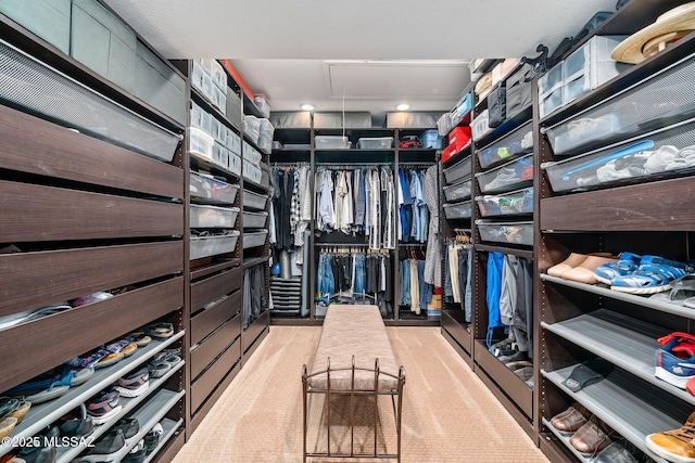 walk in closet featuring attic access