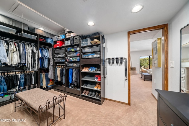 walk in closet featuring carpet and attic access