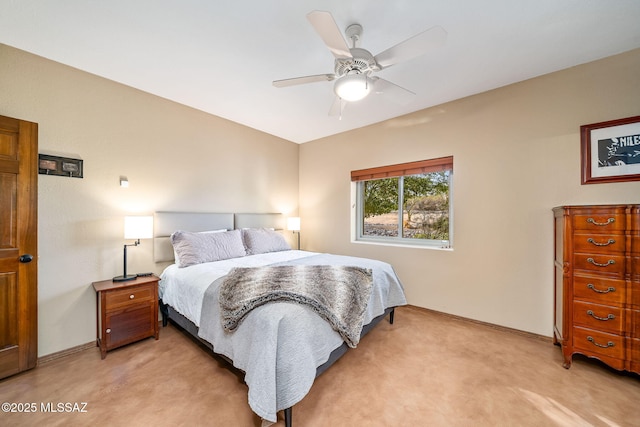 bedroom with baseboards, ceiling fan, and light colored carpet