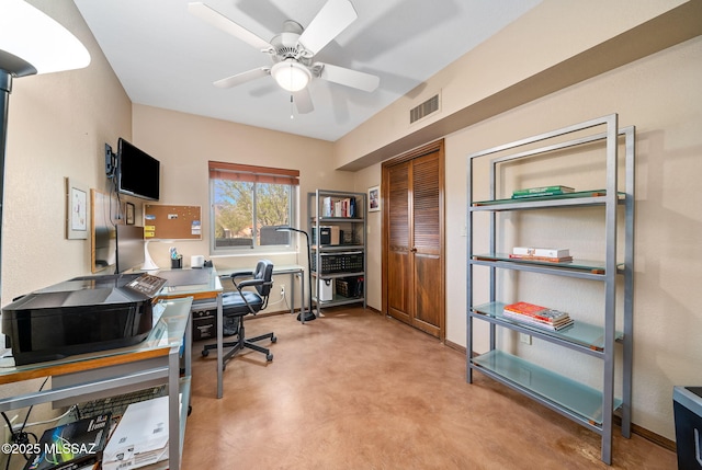 office area with a ceiling fan, finished concrete floors, and visible vents