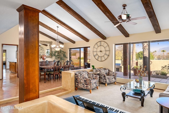 living room with vaulted ceiling with beams and ceiling fan with notable chandelier