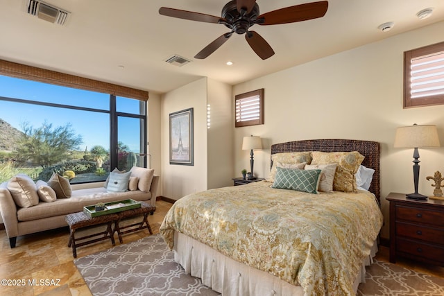 bedroom with visible vents, recessed lighting, baseboards, and ceiling fan