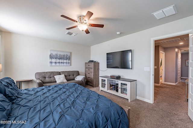 bedroom with carpet flooring, visible vents, ceiling fan, and baseboards