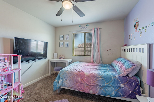 bedroom featuring carpet floors, baseboards, and a ceiling fan