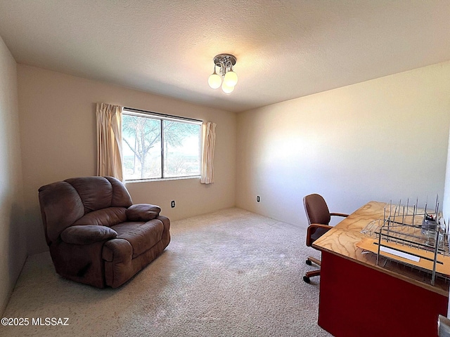 home office featuring carpet and a textured ceiling