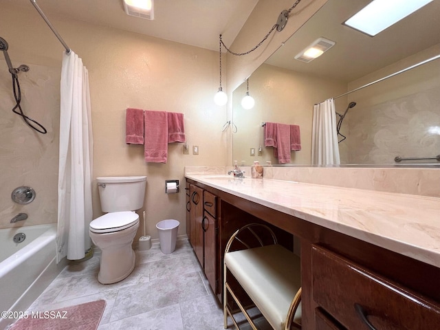 full bathroom with vanity, toilet, and shower / bath combo with shower curtain