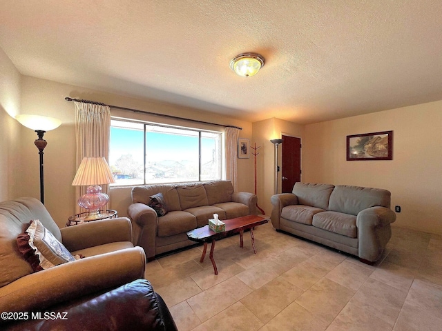 living room with a textured ceiling