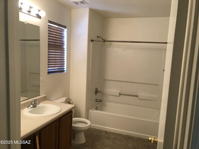 full bath with toilet, bathing tub / shower combination, visible vents, and vanity