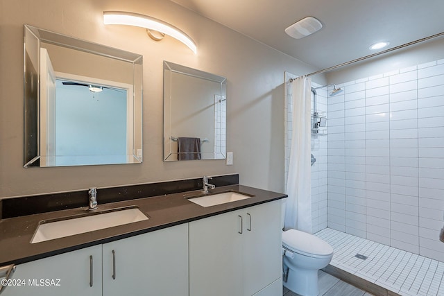 bathroom with a shower stall, toilet, double vanity, and a sink