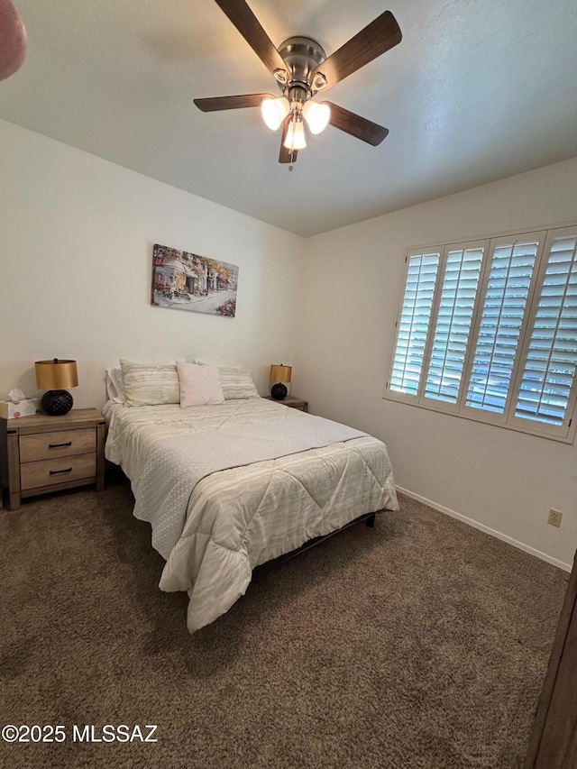 bedroom with carpet floors, baseboards, and ceiling fan