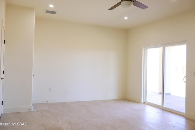 spare room featuring visible vents, recessed lighting, a ceiling fan, and baseboards