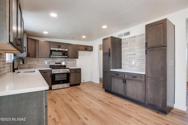 kitchen with stainless steel appliances, light countertops, visible vents, decorative backsplash, and a sink