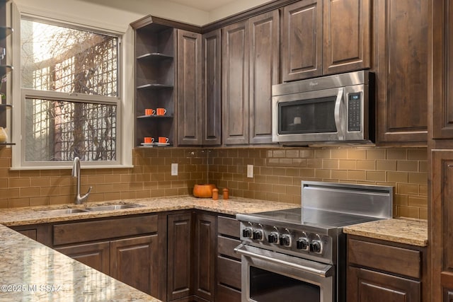 kitchen with stainless steel appliances, open shelves, a sink, and dark brown cabinetry