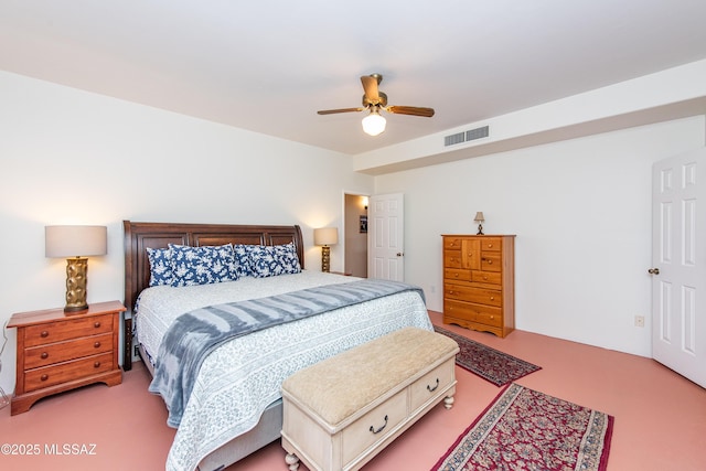 bedroom with ceiling fan and visible vents