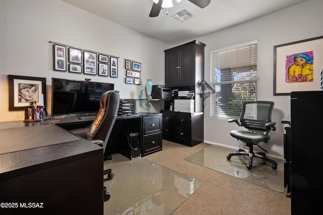 office with ceiling fan, visible vents, and baseboards