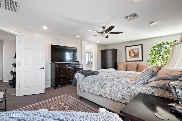 carpeted bedroom with a ceiling fan, recessed lighting, and visible vents