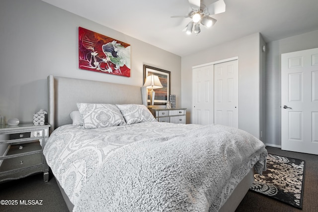 bedroom with carpet floors, a closet, a ceiling fan, and baseboards