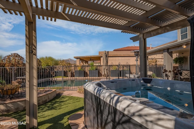 view of pool featuring fence, a hot tub, and a pergola