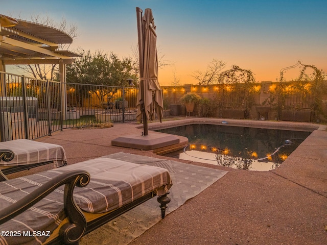 view of swimming pool featuring a fenced in pool, a patio area, and fence