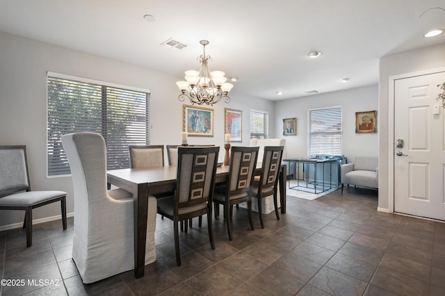 dining area with recessed lighting, visible vents, baseboards, and an inviting chandelier