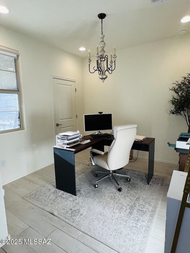 home office with a notable chandelier, recessed lighting, light wood-type flooring, and baseboards