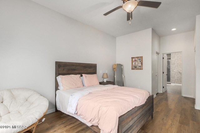 bedroom featuring ceiling fan, wood finished floors, and recessed lighting