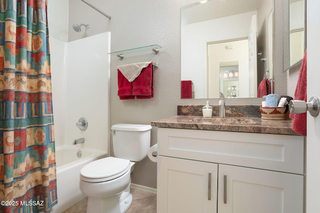 full bathroom featuring toilet, tile patterned flooring, shower / bath combo, and vanity