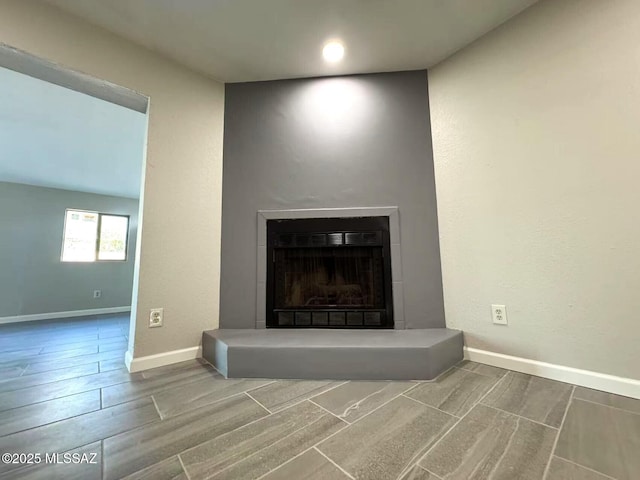 details featuring wood tiled floor, baseboards, and a fireplace with raised hearth