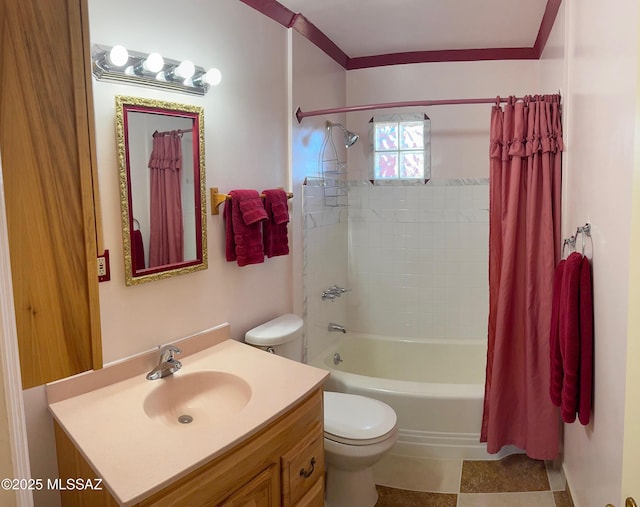 bathroom with toilet, shower / bath combo with shower curtain, and vanity