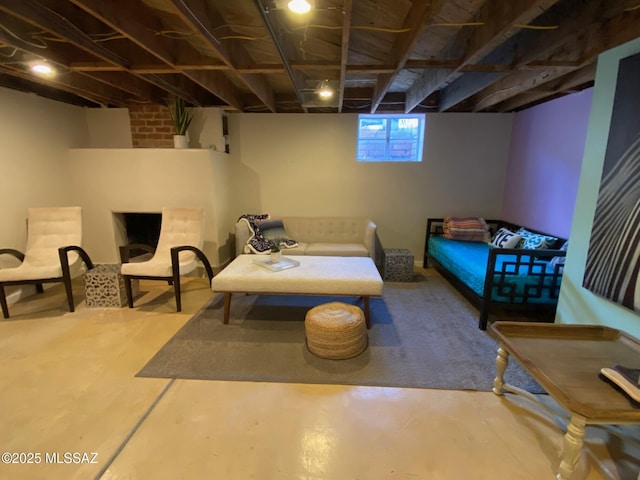 basement featuring a fireplace