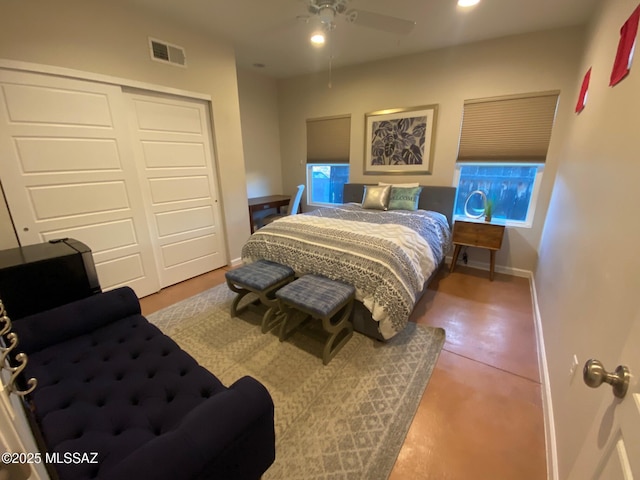 bedroom featuring recessed lighting, a closet, visible vents, ceiling fan, and baseboards