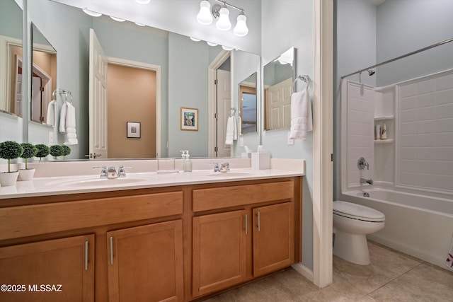 bathroom with toilet, bathtub / shower combination, a sink, and tile patterned floors