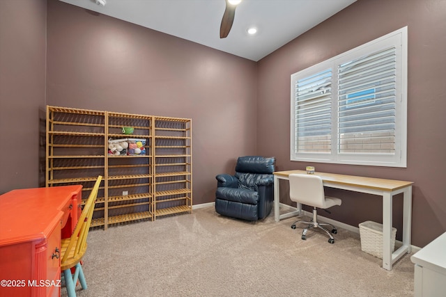 office featuring recessed lighting, carpet floors, baseboards, and ceiling fan